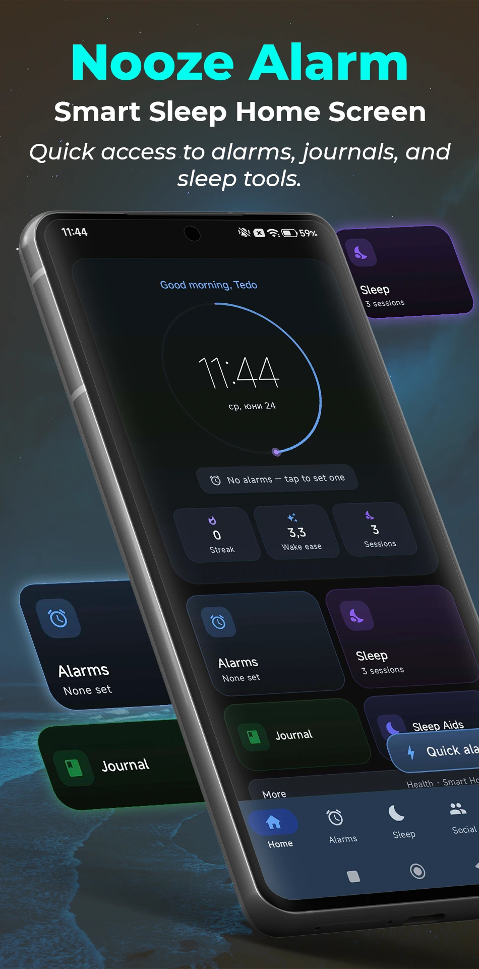 Nooze Alarm smart sleep home screen with quick access to alarms, journals, and sleep tools