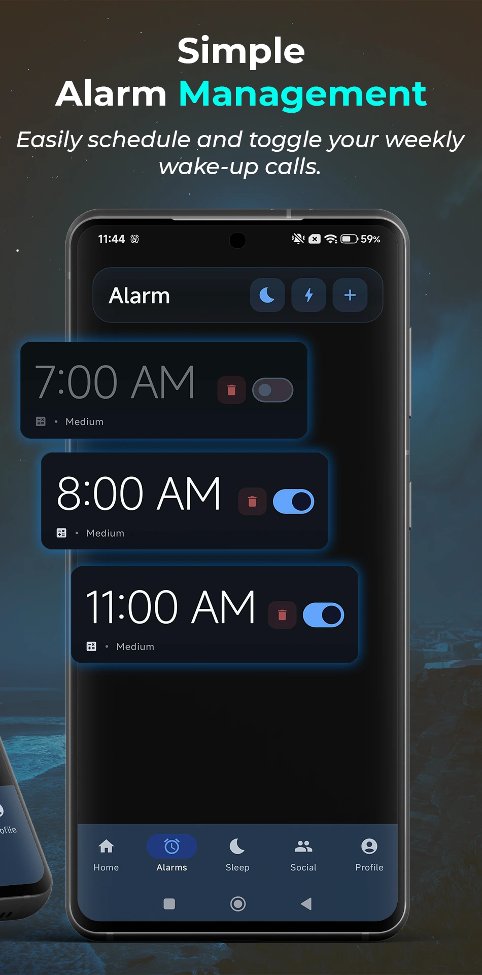 Simple alarm management — schedule and toggle your weekly wake-up calls