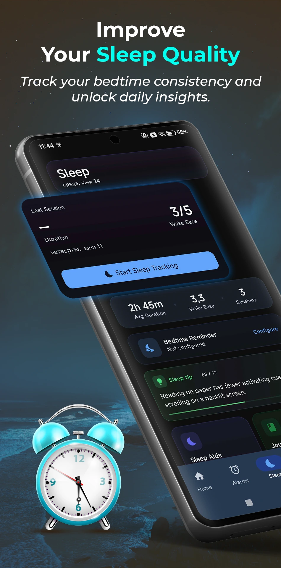 Improve sleep quality by tracking bedtime consistency and unlocking daily insights