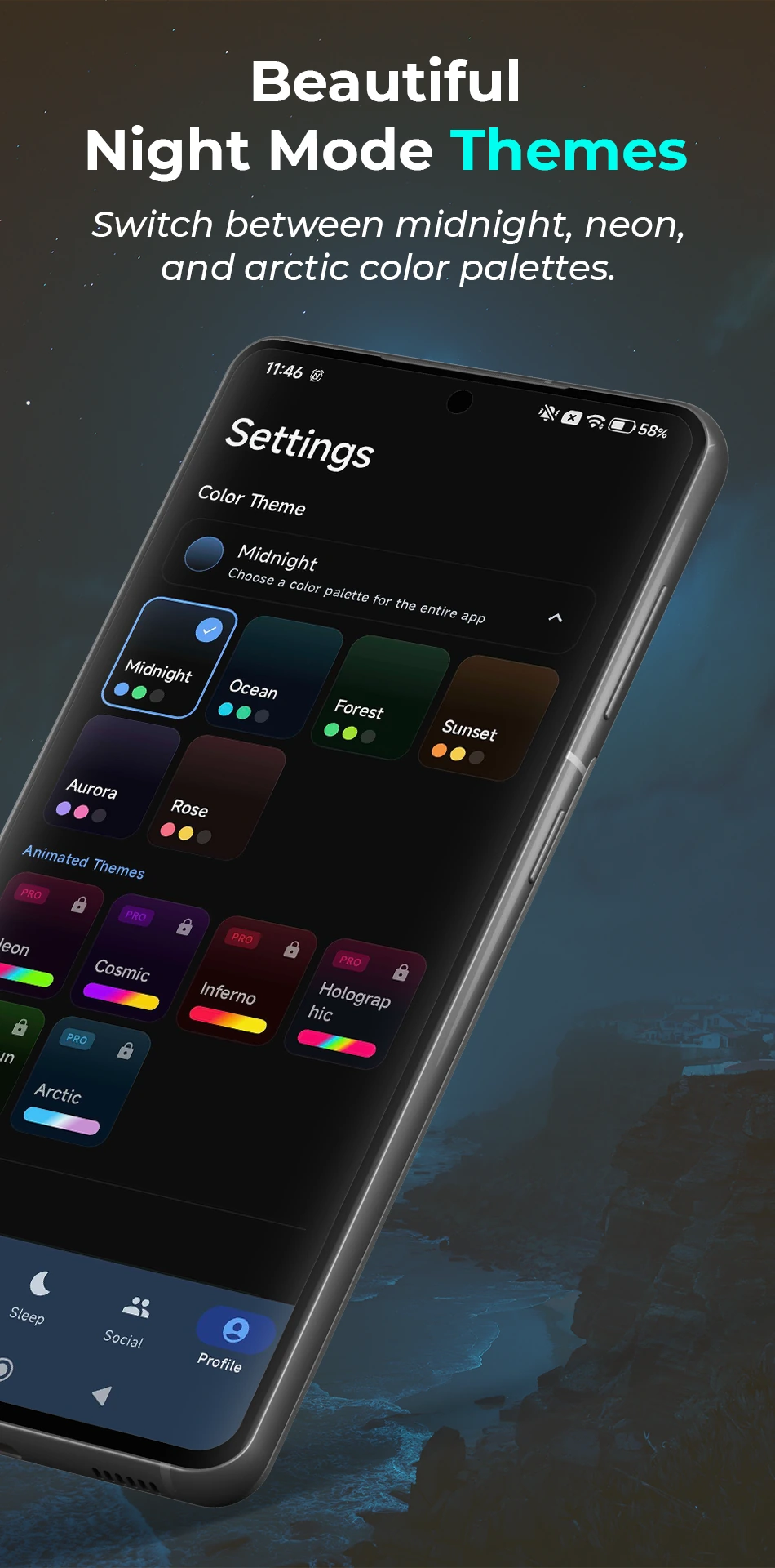 Beautiful night mode themes — switch between midnight, neon, and arctic palettes